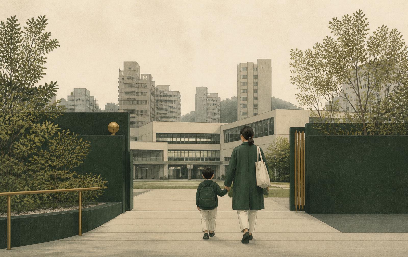 AI editorial illustration:台中城市與校園建築、家長與幼童背影的原創編輯插畫,非真實校園照片