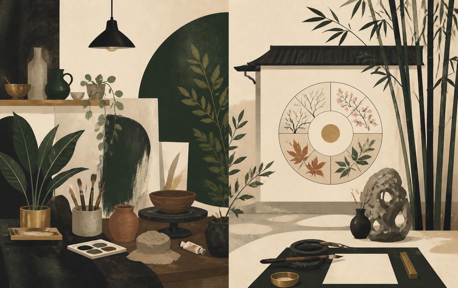 AI editorial illustration:左側創作工作室與右側人文節氣庭院的對照插畫,非真實校園照片