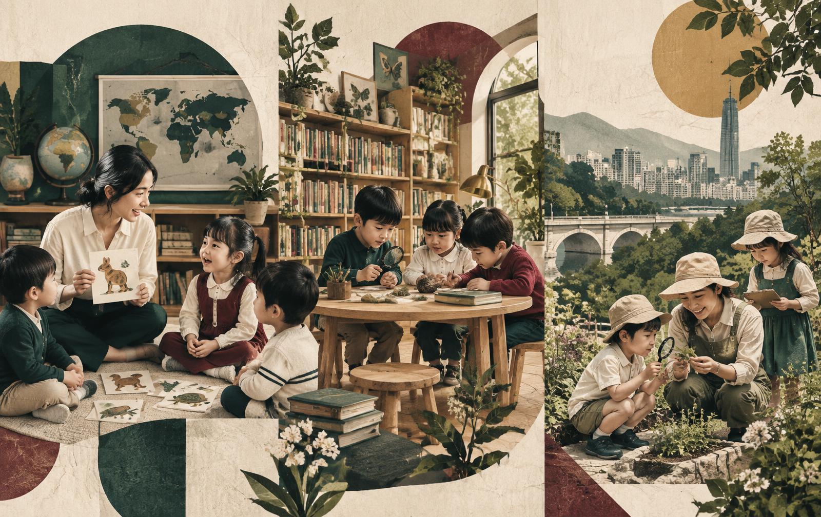 AI editorial illustration:台中幼兒在英文繪本、主題探究與自然觀察情境中學習,非任何學校真實照片